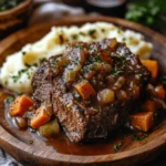 Slow-braised beef cheek meat with a rich sauce, tender carrots, onions, and fresh herbs, served alongside creamy mashed potatoes on a wooden plate.
