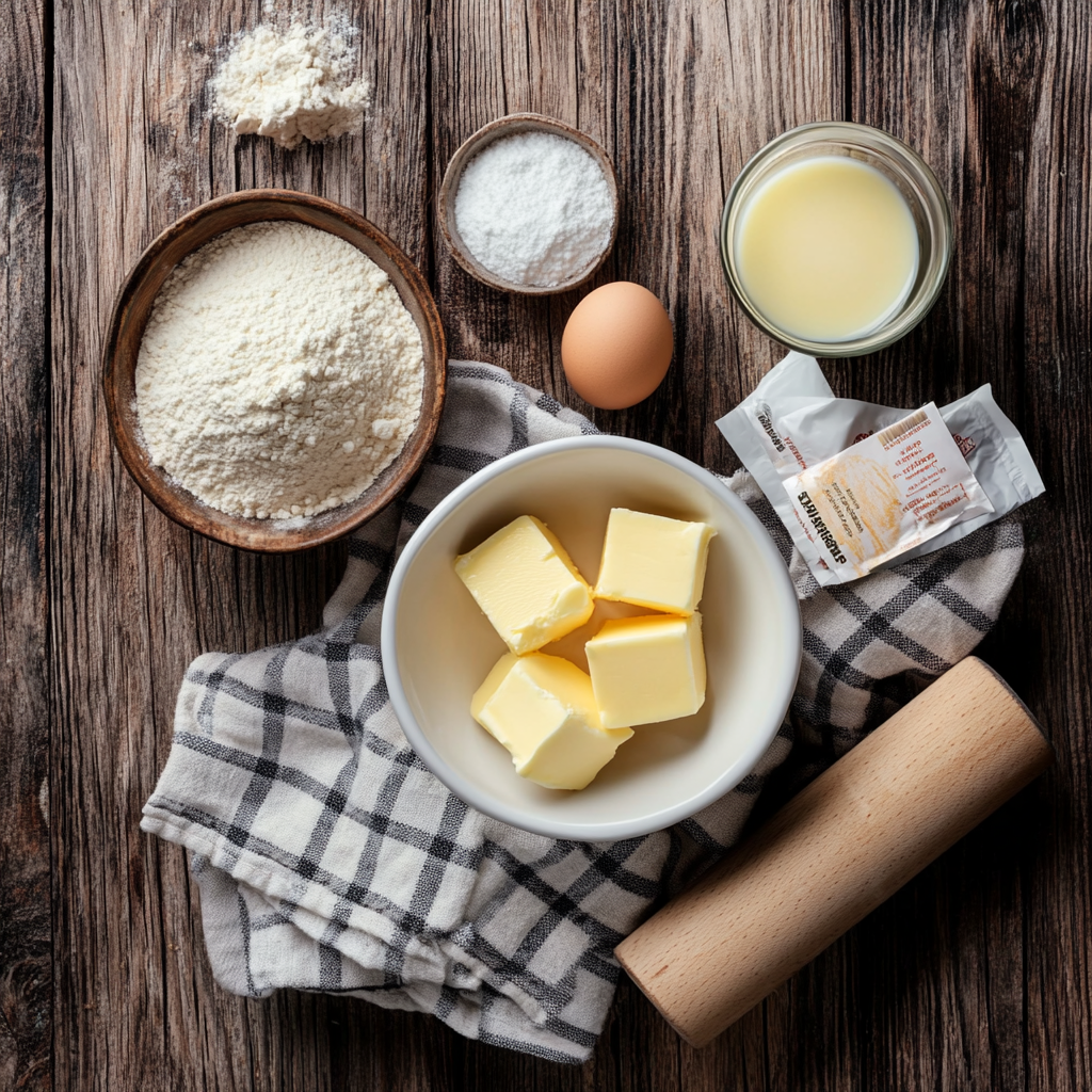 Flour, butter, eggs, yeast, and sugar arranged on a rustic countertop for making Swiss Gipfeli.