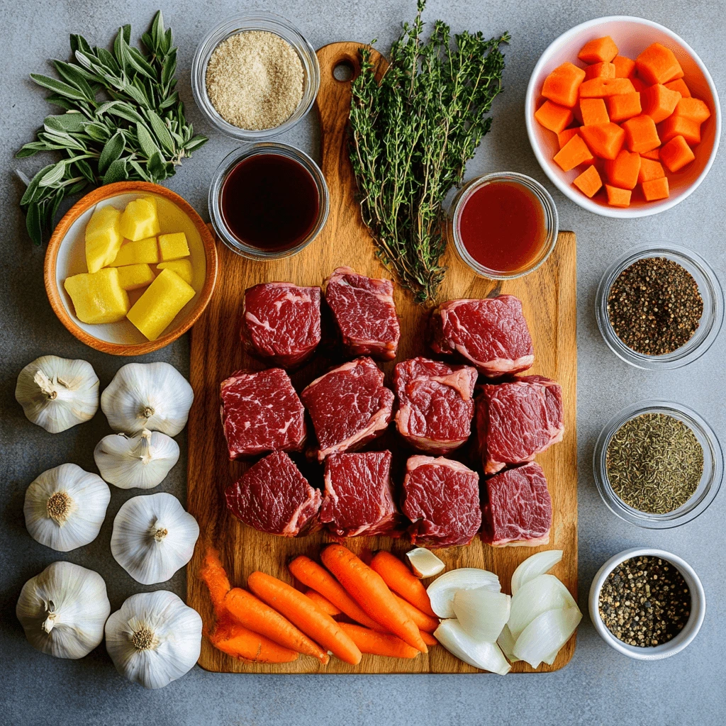 Raw beef cheek meat cubes on a wooden board, surrounded by fresh carrots, garlic, onions, herbs, and seasonings—perfect ingredients for braising.