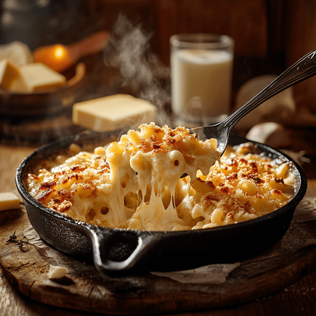 A steaming hot cast iron skillet filled with creamy, cheesy macaroni and cheese, topped with golden-brown breadcrumbs. A fork lifts a portion, stretching gooey melted cheese. In the background, butter, garlic, and a glass of milk add to the cozy, rustic kitchen setting