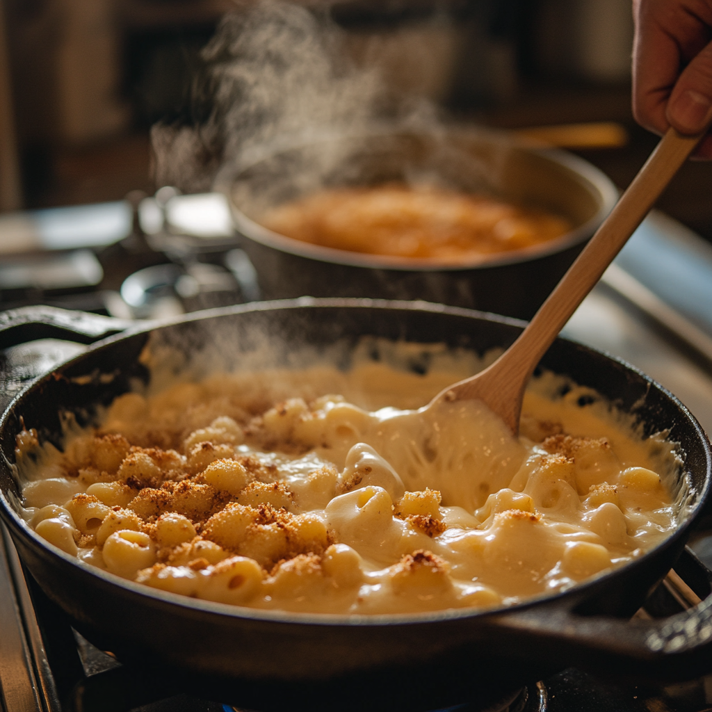 Close-up of creamy mac and cheese in a cast-iron skillet, with melted cheese, crispy topping, and steam rising as a wooden spoon stirs the dish